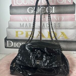 MCM Black Patent Shoulder Bag with Chain Straps